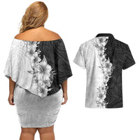 Hawaii Hibiscus Flowers Couples Matching Off Shoulder Short Dress and Hawaiian Shirt Grayscale Polynesian Pattern