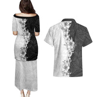 Hawaii Hibiscus Flowers Couples Matching Puletasi and Hawaiian Shirt Grayscale Polynesian Pattern LT05 - Polynesian Pride