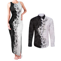 Hawaii Hibiscus Flowers Couples Matching Tank Maxi Dress and Long Sleeve Button Shirt Grayscale Polynesian Pattern