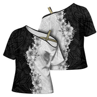 Hawaii Hibiscus Flowers Cross Shoulder Shirt Grayscale Polynesian Pattern