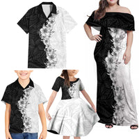 Hawaii Hibiscus Flowers Family Matching Off Shoulder Maxi Dress and Hawaiian Shirt Grayscale Polynesian Pattern