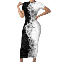 Hawaii Hibiscus Flowers Family Matching Short Sleeve Bodycon Dress and Hawaiian Shirt Grayscale Polynesian Pattern