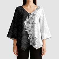 Hawaii Hibiscus Flowers Kimono Sleeve Blouse Grayscale Polynesian Pattern