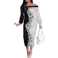 Hawaii Hibiscus Flowers Off The Shoulder Long Sleeve Dress Grayscale Polynesian Pattern