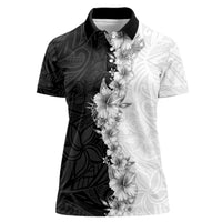 Hawaii Hibiscus Flowers Women Polo Shirt Grayscale Polynesian Pattern