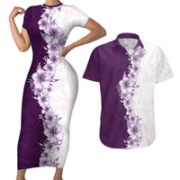 Hawaii Hibiscus Flowers Couples Matching Short Sleeve Bodycon Dress and Hawaiian Shirt Purple Polynesian Pattern