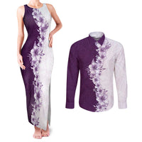 Hawaii Hibiscus Flowers Couples Matching Tank Maxi Dress and Long Sleeve Button Shirt Purple Polynesian Pattern
