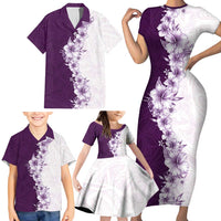 Hawaii Hibiscus Flowers Family Matching Short Sleeve Bodycon Dress and Hawaiian Shirt Purple Polynesian Pattern