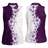 Hawaii Hibiscus Flowers Women Sleeveless Polo Shirt Purple Polynesian Pattern