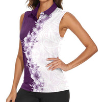 Hawaii Hibiscus Flowers Women Sleeveless Polo Shirt Purple Polynesian Pattern