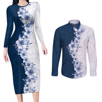 Hawaii Hibiscus Flowers Couples Matching Long Sleeve Bodycon Dress and Long Sleeve Button Shirt Blue Polynesian Pattern