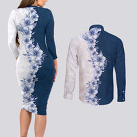 Hawaii Hibiscus Flowers Couples Matching Long Sleeve Bodycon Dress and Long Sleeve Button Shirt Blue Polynesian Pattern