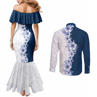 Hawaii Hibiscus Flowers Couples Matching Mermaid Dress and Long Sleeve Button Shirt Blue Polynesian Pattern