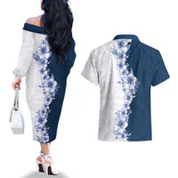 Hawaii Hibiscus Flowers Couples Matching Off The Shoulder Long Sleeve Dress and Hawaiian Shirt Blue Polynesian Pattern