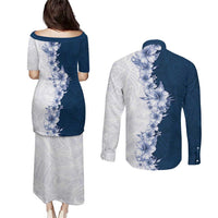 Hawaii Hibiscus Flowers Couples Matching Puletasi and Long Sleeve Button Shirt Blue Polynesian Pattern