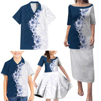 Hawaii Hibiscus Flowers Family Matching Puletasi and Hawaiian Shirt Blue Polynesian Pattern
