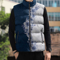 Hawaii Hibiscus Flowers Sleeveless Puffer Jacket Blue Polynesian Pattern