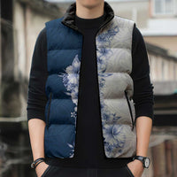 Hawaii Hibiscus Flowers Sleeveless Puffer Jacket Blue Polynesian Pattern