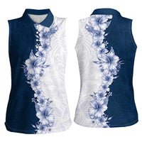 Hawaii Hibiscus Flowers Women Sleeveless Polo Shirt Blue Polynesian Pattern