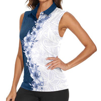 Hawaii Hibiscus Flowers Women Sleeveless Polo Shirt Blue Polynesian Pattern