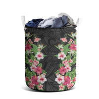 Hawaii Tropical Flowers Laundry Basket Black Polynesian Tattoo Art