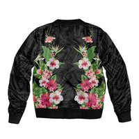 Hawaii Tropical Flowers Bomber Jacket Black Polynesian Tattoo Art