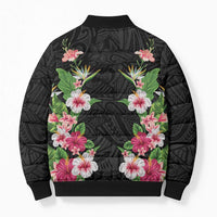 Hawaii Tropical Flowers Bomber Puffer Jacket Black Polynesian Tattoo Art