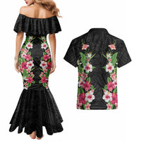 Hawaii Tropical Flowers Couples Matching Mermaid Dress and Hawaiian Shirt Black Polynesian Tattoo Art