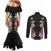 Hawaii Tropical Flowers Couples Matching Mermaid Dress and Long Sleeve Button Shirt Black Polynesian Tattoo Art