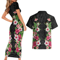 Hawaii Tropical Flowers Couples Matching Short Sleeve Bodycon Dress and Hawaiian Shirt Black Polynesian Tattoo Art