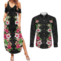 Hawaii Tropical Flowers Couples Matching Summer Maxi Dress and Long Sleeve Button Shirt Black Polynesian Tattoo Art