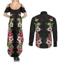 Hawaii Tropical Flowers Couples Matching Summer Maxi Dress and Long Sleeve Button Shirt Black Polynesian Tattoo Art