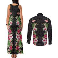 Hawaii Tropical Flowers Couples Matching Tank Maxi Dress and Long Sleeve Button Shirt Black Polynesian Tattoo Art