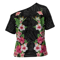 Hawaii Tropical Flowers Cross Shoulder Shirt Black Polynesian Tattoo Art