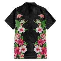 Hawaii Tropical Flowers Family Matching Long Sleeve Bodycon Dress and Hawaiian Shirt Black Polynesian Tattoo Art