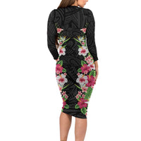 Hawaii Tropical Flowers Family Matching Long Sleeve Bodycon Dress and Hawaiian Shirt Black Polynesian Tattoo Art
