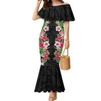 Hawaii Tropical Flowers Family Matching Mermaid Dress and Hawaiian Shirt Black Polynesian Tattoo Art