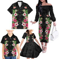 Hawaii Tropical Flowers Family Matching Off The Shoulder Long Sleeve Dress and Hawaiian Shirt Black Polynesian Tattoo Art