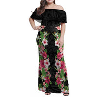 Hawaii Tropical Flowers Family Matching Off Shoulder Maxi Dress and Hawaiian Shirt Black Polynesian Tattoo Art