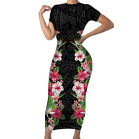 Hawaii Tropical Flowers Family Matching Short Sleeve Bodycon Dress and Hawaiian Shirt Black Polynesian Tattoo Art