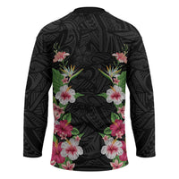 Hawaii Tropical Flowers Hockey Jersey Black Polynesian Tattoo Art LT05 - Polynesian Pride