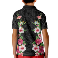 Hawaii Tropical Flowers Kid Polo Shirt Black Polynesian Tattoo Art LT05 - Polynesian Pride