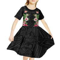 Hawaii Tropical Flowers Kid Short Sleeve Dress Black Polynesian Tattoo Art