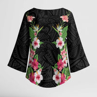 Hawaii Tropical Flowers Kimono Sleeve Blouse Black Polynesian Tattoo Art LT05 - Polynesian Pride