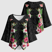 Hawaii Tropical Flowers Kimono Sleeve Blouse Black Polynesian Tattoo Art LT05 - Polynesian Pride