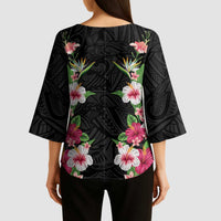 Hawaii Tropical Flowers Kimono Sleeve Blouse Black Polynesian Tattoo Art LT05 - Polynesian Pride