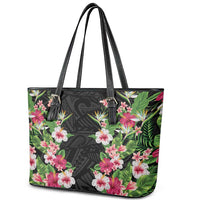 Hawaii Tropical Flowers Leather Tote Bag Black Polynesian Tattoo Art LT05 - Polynesian Pride