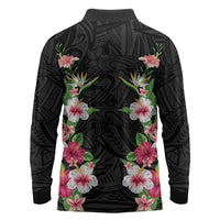 Hawaii Tropical Flowers Long Sleeve Polo Shirt Black Polynesian Tattoo Art
