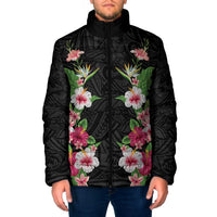 Hawaii Tropical Flowers Padded Jacket Black Polynesian Tattoo Art