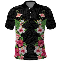 Hawaii Tropical Flowers Polo Shirt Black Polynesian Tattoo Art LT05 Black - Polynesian Pride